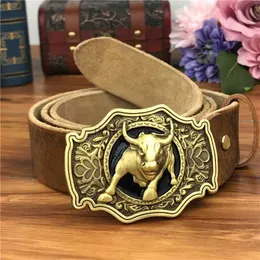 Belts Brass Bull Cowboy Belt Buckle Leather Men Jeans Genuine Waist Yellow For Wide Male MBT0524 YQ231026