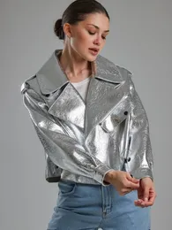 Women s Down Parkas Chic Silver Fake Leather Motorcycle Jacket Elegant Loose Lapel Long Sleeved PU Coat 2023 Autumn Lady Fashion Overcoat 231026