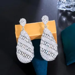 Boucles d'oreilles pendantes à trois grâces, pierre de zircone cubique brillante, longue goutte de mariée géométrique pour femmes, bijoux de mariage à la mode E1128