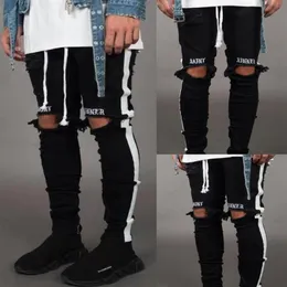 Herren-Stretch-Männer-Knielöcher, zerrissene Röhrenjeans, 2019, schwarze Bleistift-Denim-Hose, Designer-Jogginghose mit seitlichem Streifen im Distressed-Stil, Pant217y