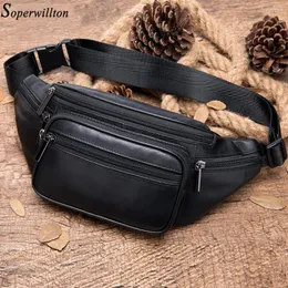 Sacos de cintura Soperwillton Saco de couro genuíno Homens Mulheres Pacote de pele de carneiro Preto Branco Cinto Peito Simples Bolsa de Telefone de Negócios