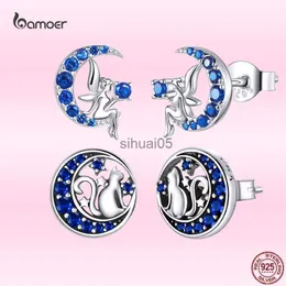 Stud Bamoer Genuíno 925 Sterling Silver Cat on the Moon Round Blue Brincos para Mulheres Ear Pins Fine Wedding Jewelry GXE880 YQ231026