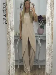 Kvinnors tvådelade byxor avslappnad solid tvådelar set för kvinnor mode runda halsade ärmlös lång topp lös kostym 2023 elegant lady chic