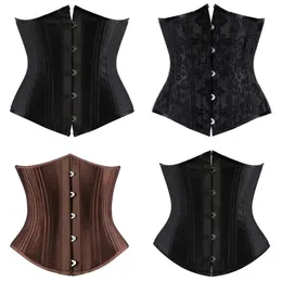 Women Black Corset Top 12st Steel Boned Satin Underbust vadderad snörning Bodysapers Midja Train Corset Slim Body Shaperwear Plus S275V