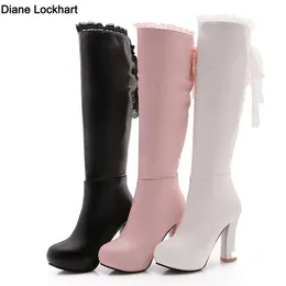 Stiefel Frühling Herbst Kniehohe Frauen Fashion Square Ferse Reißverschluss Spitze Lange Frau Leder Schuhe Winter Weiß Rosa Schwarz 231025