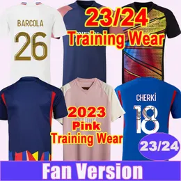 2023 24 Tolisso Cherki Mens 축구 유니폼 핑크 트레이닝 라제트 보트 kumbedi caqueret 홈 아웃 3 번째 축구 셔츠 짧은 소매 유니폼