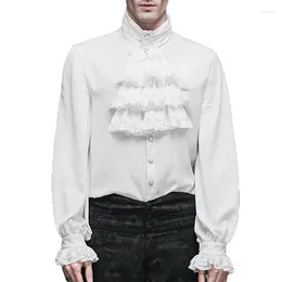 Men's Dress Shirts White Cotton & Lace Ruffles Stand Collar Gothic Shirt Men Vampire Pirate Cosplay Clothes Anime Halloween Victorian