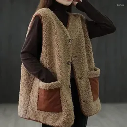 Coletes femininos colete sem mangas cardigan vintage outono/inverno jaqueta moda coreana quente falso lã de cordeiro casacos forrados de grandes dimensões