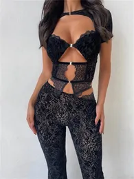 Kvinnors tvåbitar byxor 2 byxuppsättningar spetsar ihåliga se genom ren mesh svarta sexiga klubbkläder för kvinnor mager klänning