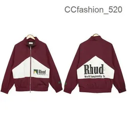 Rhude Felpa con cappuccio 2023 Tidy Rhude Color Block Hip-Hop Giacca con colletto alla coreana Stampa lettera Cardigan Cappotto con cerniera Giacca a vento a contrasto da uomo e da donna con cappuccio VL51