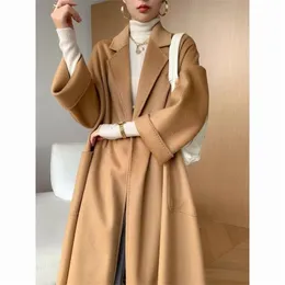 Women s Fur Faux 2023 Autumn Winter 100 Wool Coat Women Water Corrugated Pure Color Long Big Pocket Cashmere 231025