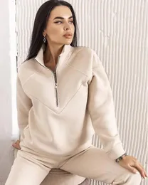 Pantaloni a due pezzi da donna Set solidi Colletto rovesciato Cerniere Top Maglione a maniche lunghe Abbigliamento sportivo per il tempo libero