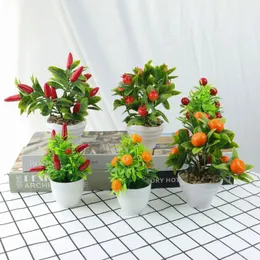 Flores decorativas planta artificial bonsai laranja romã fruta árvore janela peitoril decoração jardim de plástico falso vaso mini