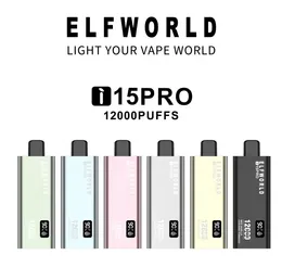 Оригинальная сетчатая катушка Elfworld i15Pro, 12000 затяжек, 10 вкусов, зарядка типа C, предварительно заполненный контейнер на 18 мл с аккумулятором емкостью 600 мАч, дисплей, 10 вкусов, 0% 2% 5%, одноразовые электронные сигареты