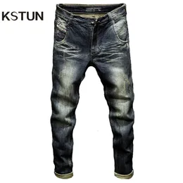 Herr jeans byxor blå smal rak elastisk casual punk stil vintage repade fickor design byxkläder man denim byxor