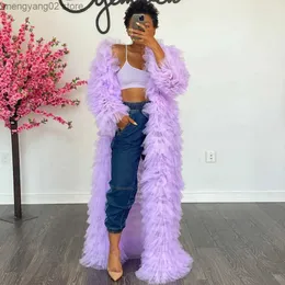 Women's Jackets High Street Lavender Fluffy Tulle Long Jacket Full Sleeves Floor Length Ruffles Tiered Women Coat Outwear Outfit Color Free T231027