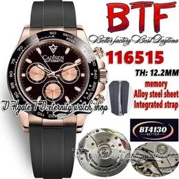 Дизайнерские часы BTF Better Factory bt116515 Мужские часы Cal4130 SA4130 Хронограф Автоматический TH 122 Керамический безель Черный циферблат Розовое золото Стальной корпус 904L Резиновый ремешок
