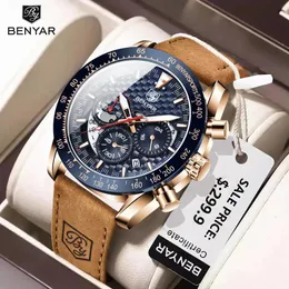 Armbandsur Benyar Top Brand Men Watches Leather Strap Luxury Waterproof Sport Quartz Chronograph Military Watch Clock Reloj Hombre 231027