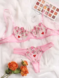 Conjunto sexy de peças femininas, lingerie floral bordada, roupa íntima, renda transparente, kits de cuidados com a pele, fada delicada