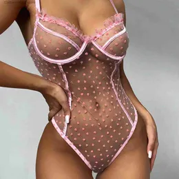 Set sexy Fasciatura sexy Lingerie Pizzo rosa Biancheria intima da donna Anello in acciaio Corsetto Maglia Prospettiva Indumenti da notte sexy Dot Pagliaccetto Pigiama intero T231027