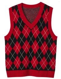 Gilets pour femmes LONGMING Pull en laine mérinos Gilet à carreaux Col en V 2023 Automne Hiver Basic Pulls en tricot sans manches Femmes Vêtements