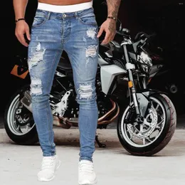 Calças masculinas jeans estilo rua moda cor sólida rasgado denim casual versátil lavado buracos calças gradientes com bolsos