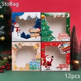 Gift Wrap StoBag 12pcs Christmas Cack Green Box Gift Cake Candy Chocolate Packaging Handmade Santa Claus Kids Party Supplie decorat 231026