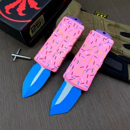 Ny Micro Tech Exklusiv efterrätt Warrior Donut Pink Auto Knife D2 Blade Aviation Aluminium Handle Camping Outdoor Tactical Combat Self-Defense EDC Pocket Knives