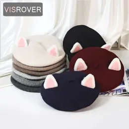 Berets VISROVER Cute Adult Cat Ear 100% Wool Beret Solid Autumn Hat Winter Cap Spring Punk Beret Hat Rabbit Beret Wholesale 231027