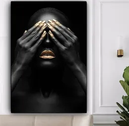 Black Hand Gold Lip African Woman Canvas Måla kroppskonst affischer och utskrifter Abstrakt väggkonst Bild för vardagsrum heminredning5287174