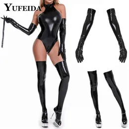 Sexig uppsättning yufeida sexig läder underkläder bodysuits kvinnor latex läder underkläder erotisk neddy med handskar och strumpor älskarinna sex kostym 231027