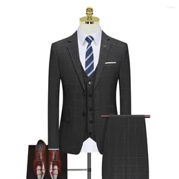 Men's Suits (Blazer Vest Pants) Fashion Business Italian Style Slim Plaid Gentleman Korean Version Casual Wedding 3-piece Set