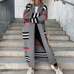 QNPQYX Spring Knitted Cardigan Women Striped Patchwork Autumn Winter Elegant Long Outerwear Maxi Y2k Sweater Coat Soft Jacket