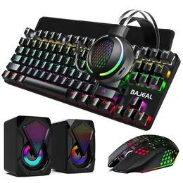 T500 5 in 1 RGB Gaming Keyboard Mouse Handset Speaker Kit with Mouse Pad - Black
