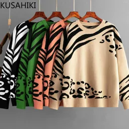 Maglioni da donna KUSAHIKI 2023 Moda Donna Autunno Inverno Leopard manica lunga maglione lavorato a maglia causale O-Collo Pullover Maglieria Top Suéter