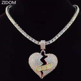 Men Hiphop Broke Heart Pendant Necklace With 5mm Tennis Chain Iced Out Bling Jewelry Male Fashion Gifts Necklaces341T