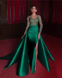 2023 Emerald Green Formal Dress Full Long Sleeves Satin Sexy Slit Beads Party Prom Gowns Elegant Mermaid Evening Dresses 328 328