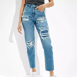 Jeans femininos 2023 outono moda rasgado remendado mãe jeans reto para mulheres aeseven003