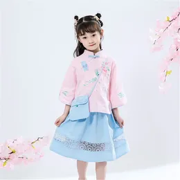 Этническая одежда для девочек Ханфу, костюм в китайском стиле, юбка принцессы, ретро костюм Тан, зарубежное летнее платье, свадебное платье 2023, розовый, синий