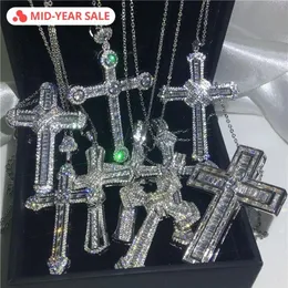 Vecalon handgjorda hiphop Big Cross Pendant 925 Sterling Silver CZ Stone Vintage Pendant Necklace For Women Men Wedding Jewelry186Q