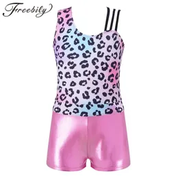 Anéis de ginástica crianças meninas sem mangas leopardo impressão ginástica collant com shorts crianças ballet dança outfits macacão dancewear 231027