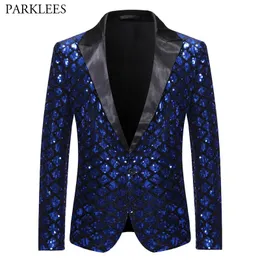 Mens Suits Blazers Royal Blue Sequin Glitter Embellished Blazer Jacket Men One Button Shiny Plaid Tuxedo Blazers Mens Nightclub Prom Stage Costumes 231027