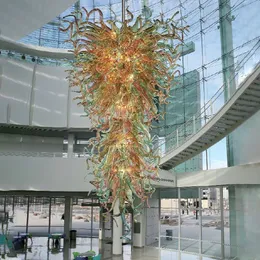 Lampada a sospensione grande Lampadari in vetro soffiato a mano a LED di colore verde ambrato lungo 60 pollici lungo per la scala dell'hotel domestico