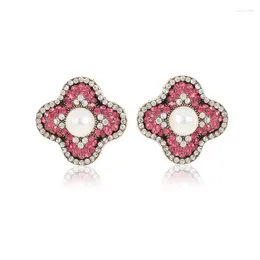 Stud Earrings Fashion Pure Water Elf Pomegranate Red CZ Imitation Pearl Paved Cute Women Ear Anniversary Jewelry Gift