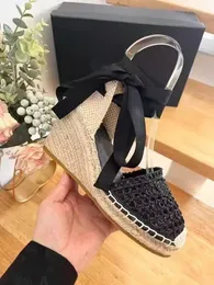 Handmade slope heel sandals with a height of 8CM, bare black woven shoes, ribbons and straps, round toe wedding shoes, parties, 35-41