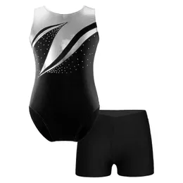 Anelli da ginnastica Body da ginnastica per ragazze per bambini con pantaloncini Patchwork lucido Yoga Pattinaggio Allenamento Unitard Balletto Danza Tuta 231027