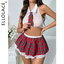 Seksowna set Ellolace Plaid Costume Cosplay Cosplay Dorosły zawiesić kołnierz przezroczysty kantar stanik stanik mini plisowany spódnica sex garnitur 231027