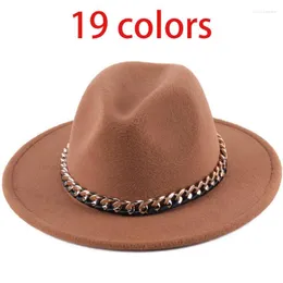 Stingy Brim Hats Womens Wide With Thick Gold Chain Band Belted Classic Beige Felted Hat Black Cowboy Jazz Caps Luxury Fedora Women