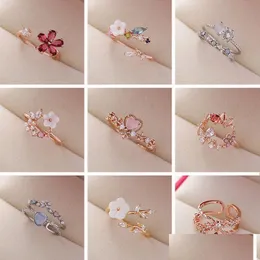 Bandringar Fashion Crystal Zircon Rings Sweet Flower Leaf Butterfly Justerbar öppen kvinnlig bröllopsengagemang smycken present D Dhgarden othsl