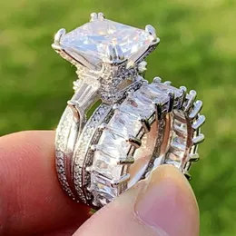 6CT Couple Rings Luxury Jewelry 925 Sterling Silver Princess Cut White Topaz Eiffel Tower Party Women Wedding Bridal Ring Set Gift292j